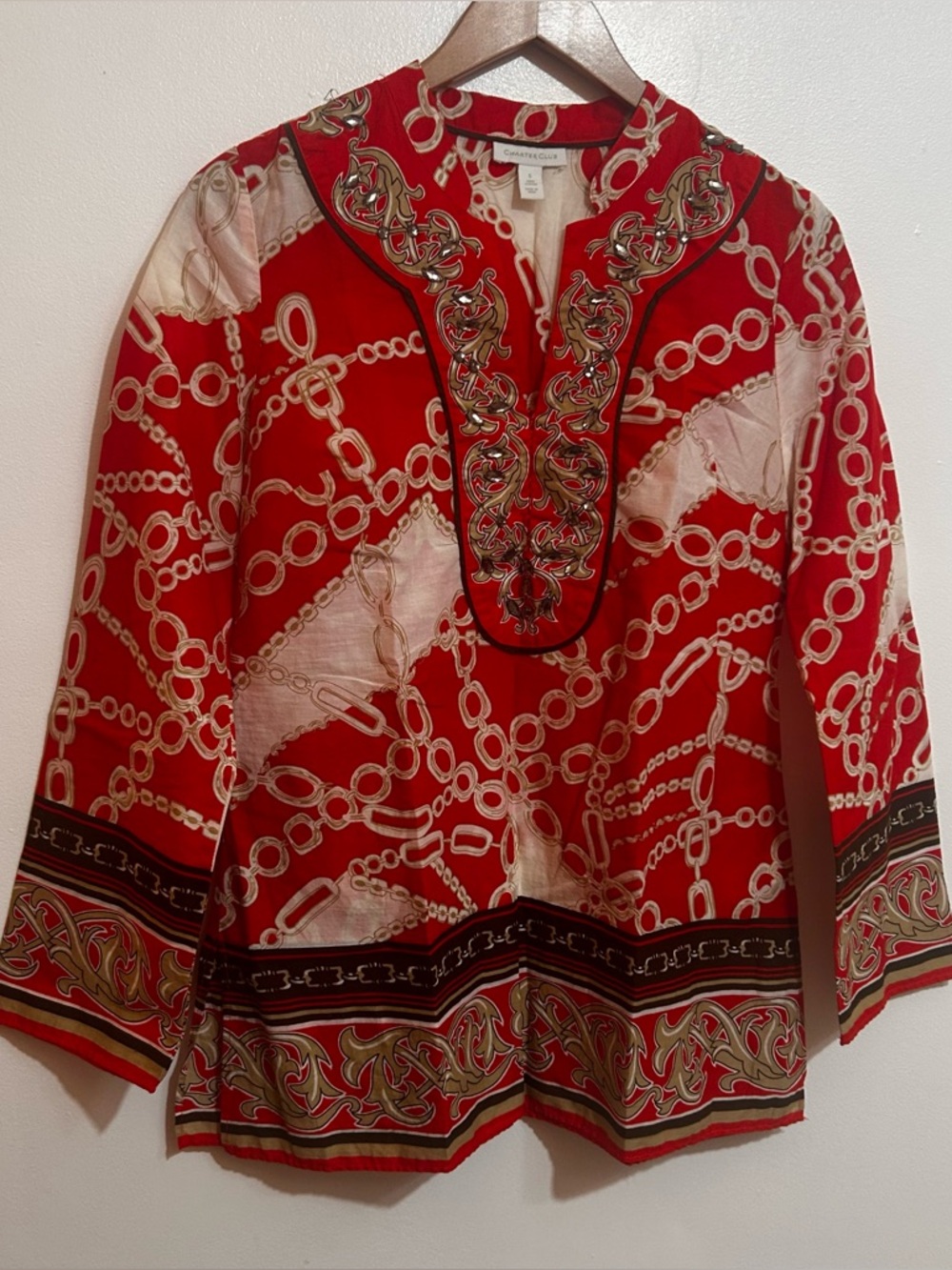 CHARTER CLUB Size S Red Multicolor Cotton TUNIC TOP Women Long Sleeve Pre-owned